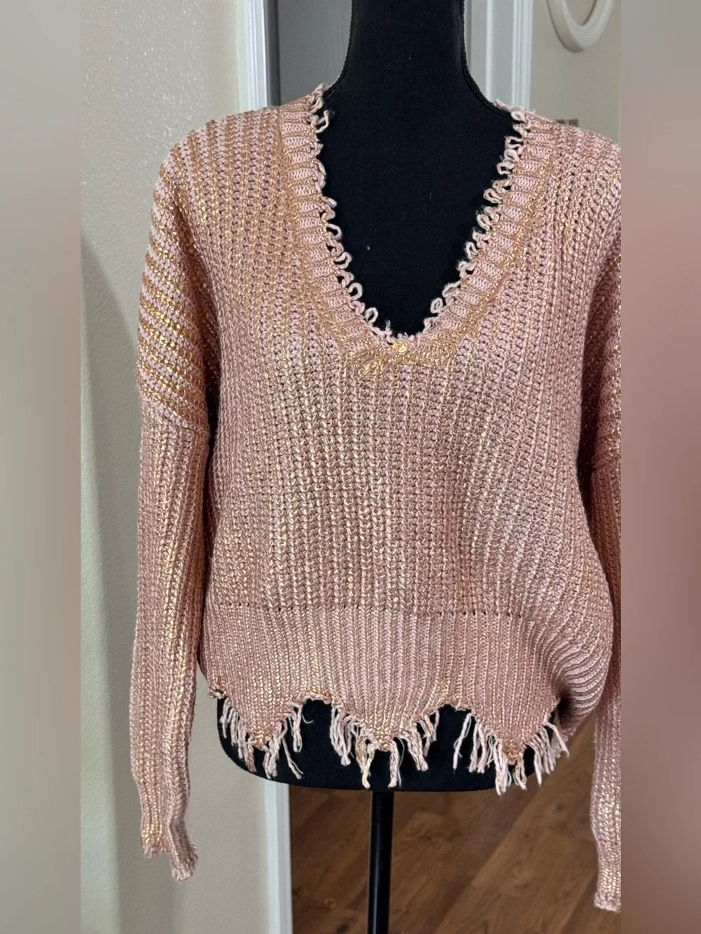 Elan Rose Pink Metallic Distressed Sweater